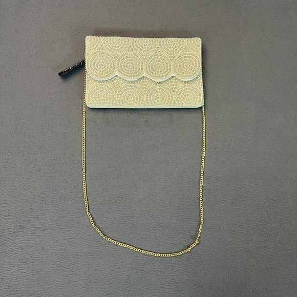 Lulus Handbags - Lulus Women's Small Ivory White Gold Beaded Clutch Scalloped Bag 100% Cotton NWT